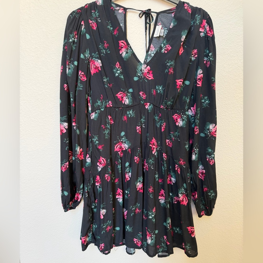 a new day Black Floral V-Neck Mini Dress with Pink & Green Roses